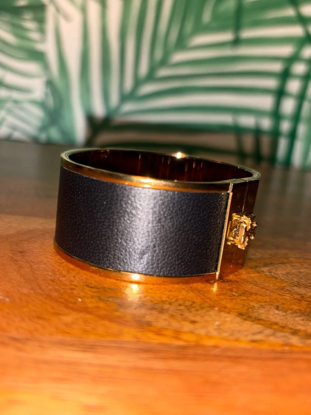 Tory Burch Black Leather Gold Tone Wide Hinge Cuff Bracelet